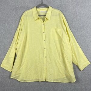 Susan Graver Yellow Linen Blend Button Front Shirt Womens Size 3XP Coastal